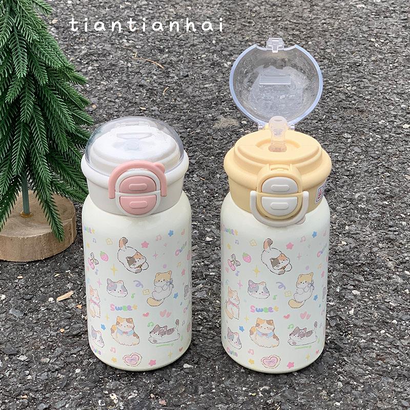Large-capacity Thermos Cup for Girls' Winter New High-value Student Campus Portable Straw Double-drinking Cup