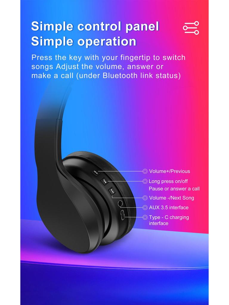 Type-C Wireless Bluetooth Over-Ear Gaming Headset with Heavy Bass Stereo Sound