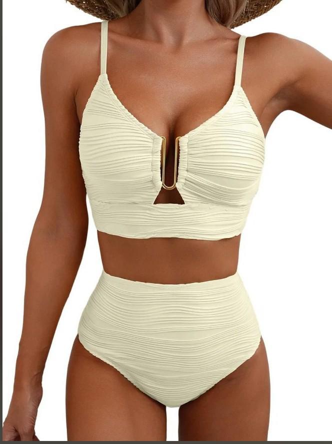 

2025 European & American High-Waist Metal Buckle Bikini - Solid Color Slimming Swimsuit for Women L слонова кістка