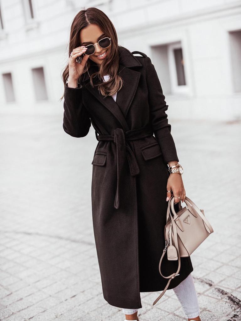 Women's Autumn/Winter V-Neck Tie-Up Woolen Coat with Long Sleeves