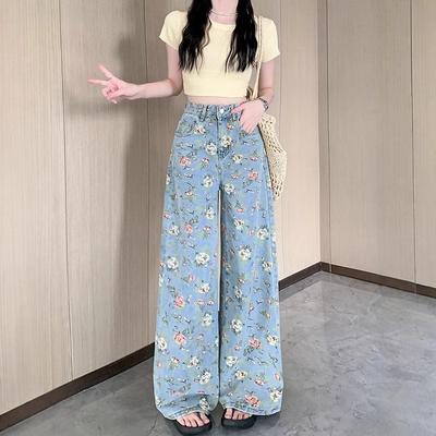 Jeans évasés à fleurs pour femmes, décontractés, taille haute, couvrant les hanches, fins, amples, droits, en jean, pantalons évasés pour femmes, délavage clair, pantalons décontractés à taille haute