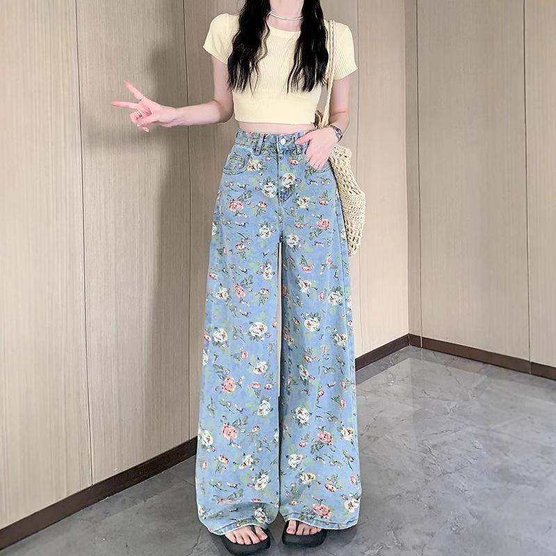 Floral wide-leg jeans women's casual high-waisted hips covering thin loose straight denim wide-leg pants women Light Wash High-waisted Casual Pants