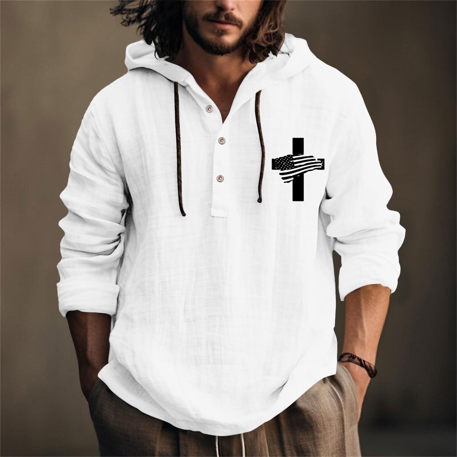 

День Незалежності Друкована Чоловіча Бавовняна та Лляна Сорочка З Капюшоном З Довгим Рукавом З Капюшоном Весна І Літо Повсякденний Одяг S білий