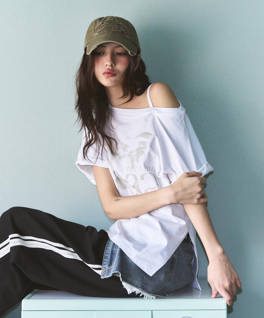 Ledeoli Vintage Slit One-Shoulder Short Sleeve T-Shirt [White]