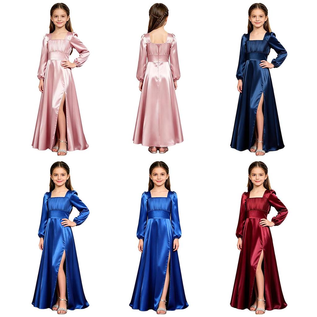Kids Girls Elegant Satin Party Dress Puff Sleeves Square Collar Back Hidden Zipper Pleated Bodice Split Gown for Banquet Wedding Performance