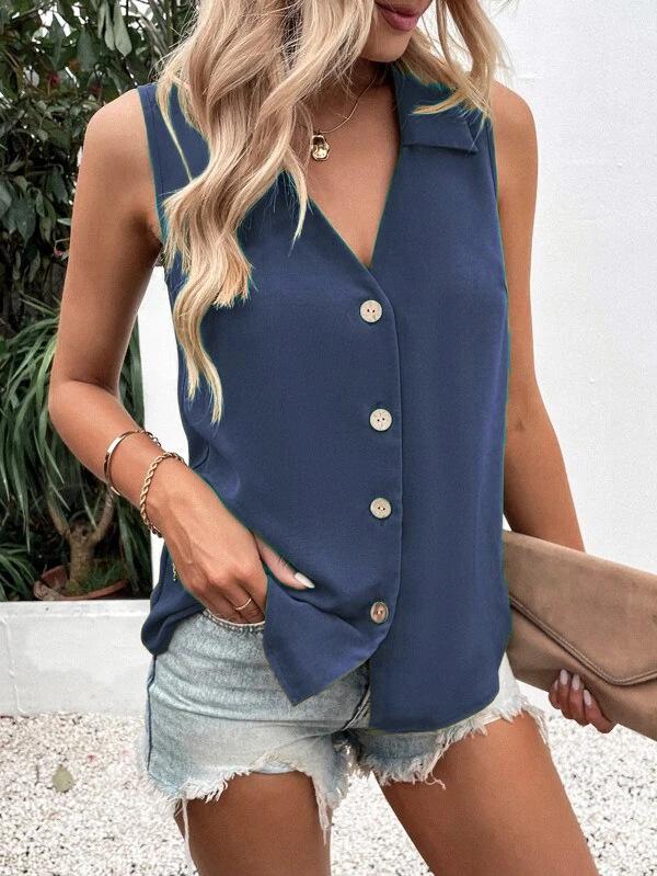 

2026 Women s Solid V-Neck Chiffon Sleeveless Twisted Button Vest S темно-синий