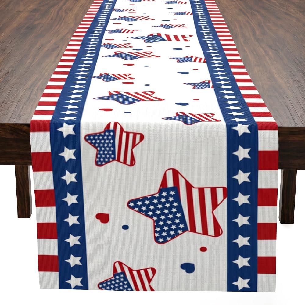 4 juli patriottische tafelvlagdecoratie, 73x13,8 inch linnen met sterrenpatroon, 250e Verjaardag van de VS merchandise, Memorial Day decoratie