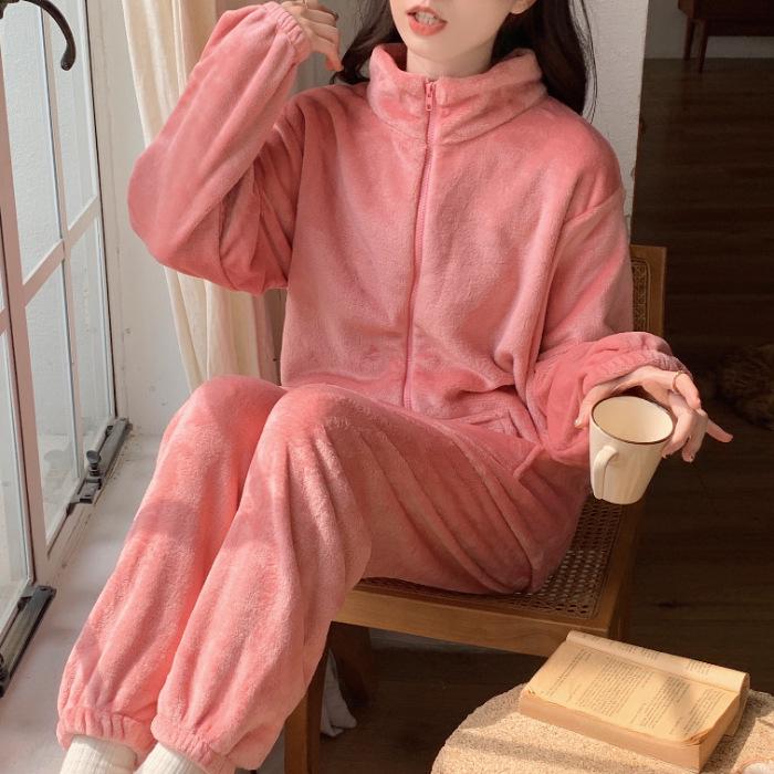 Women's Winter Warm Flannel Velvet Zipper Pajama Set