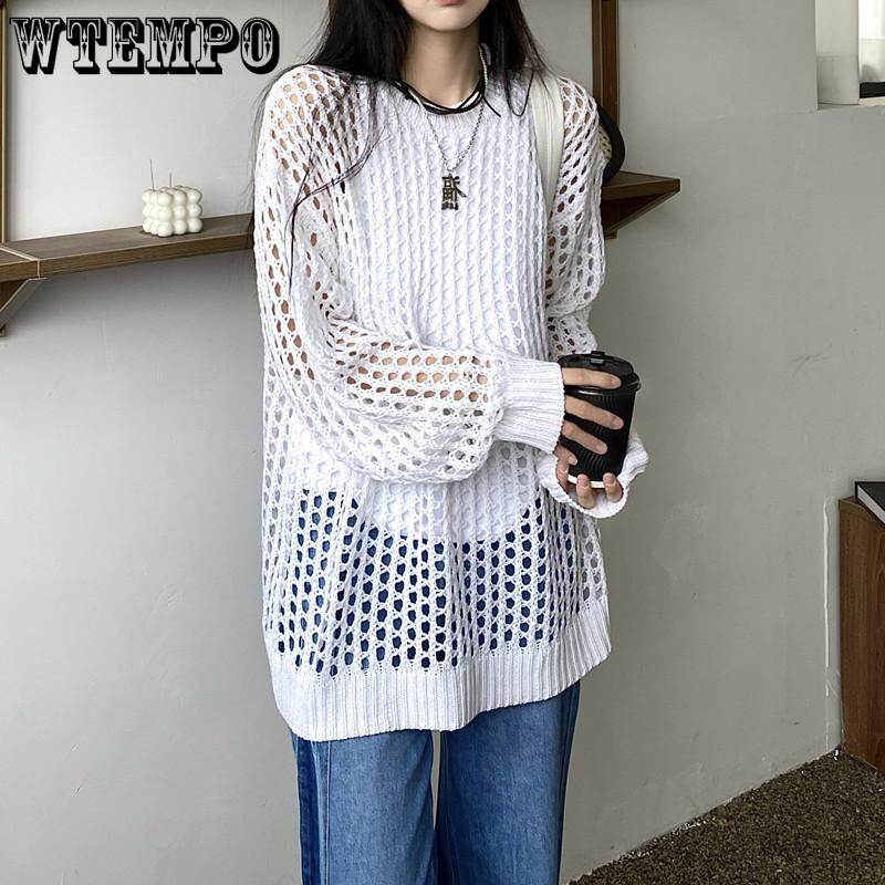 Damen Unifarbenes Hohlstrick-Shirt Frühling und Sommer Lockerer Sonnenschutz Klimaanlagen-Shirt Top