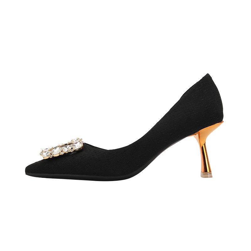 Rhinestone Square Buckle Side Space Stiletto Single Shoes Women's Pointed High Heels Wedding Shoes Bridesmaid Shoes Spring New Models