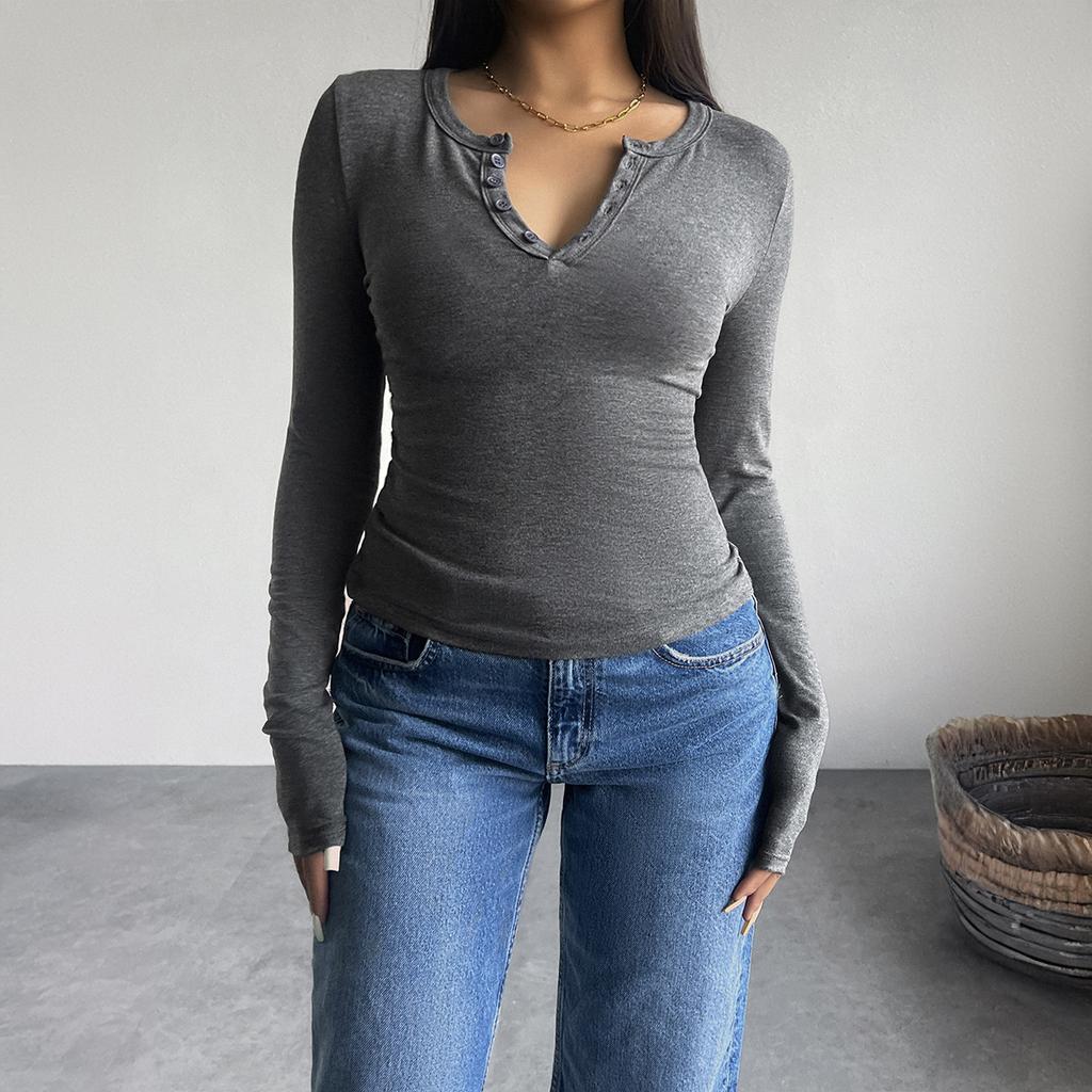 Women's 2024 Autumn and Winter Tops Y2K Temperament Slim V-neck Button Long-sleeved T-shirt