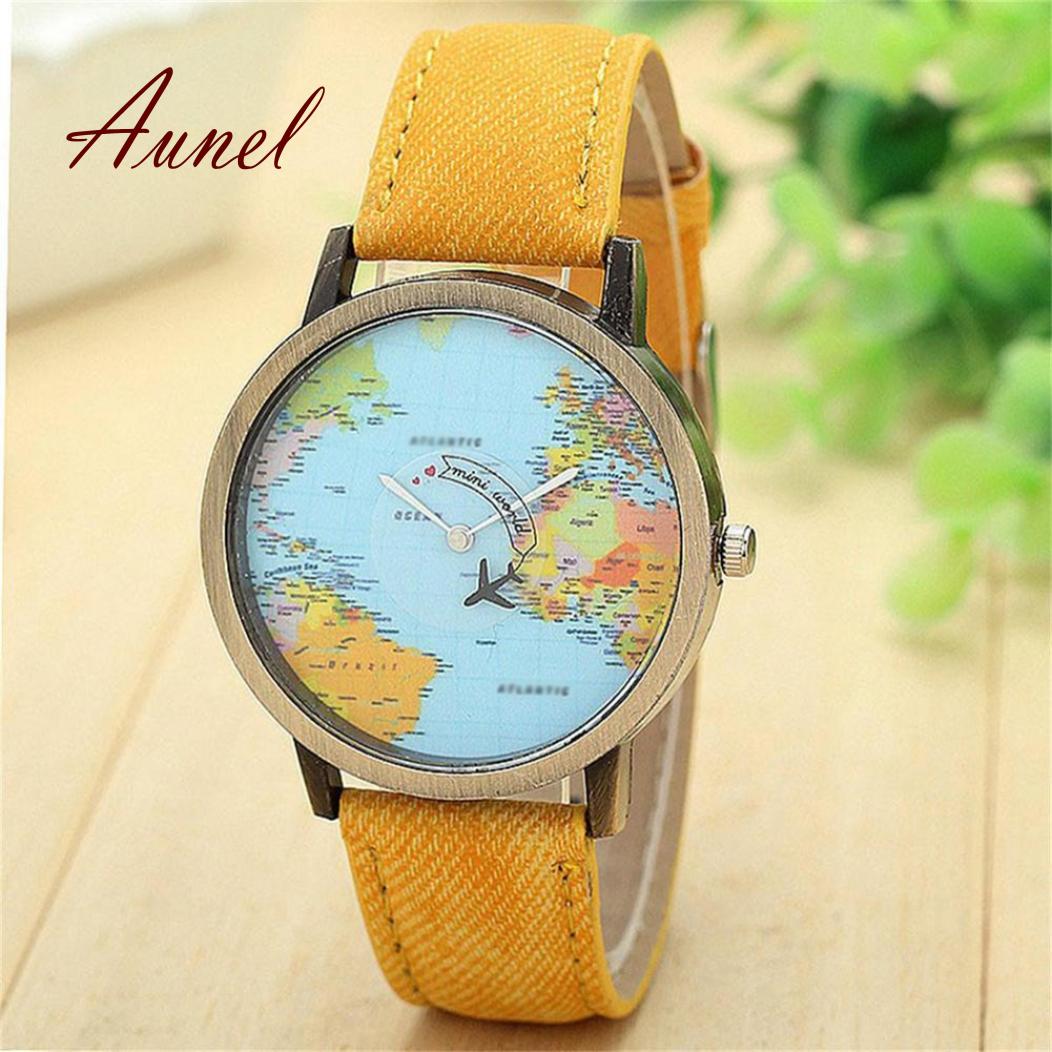 

Аналоговий кварцовий годинник з джинсовим ремінцем для чоловіків і жінок. Літак, карта світу, циферблат