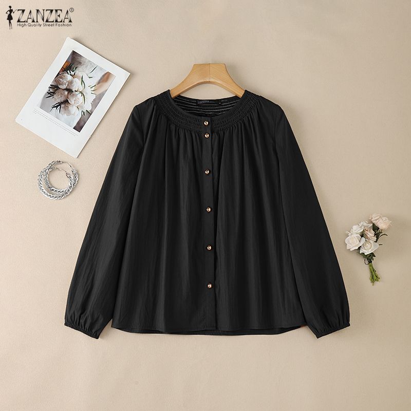 ZANZEA Women Casual Round Neck Solid Color Long Sleeve Blouse