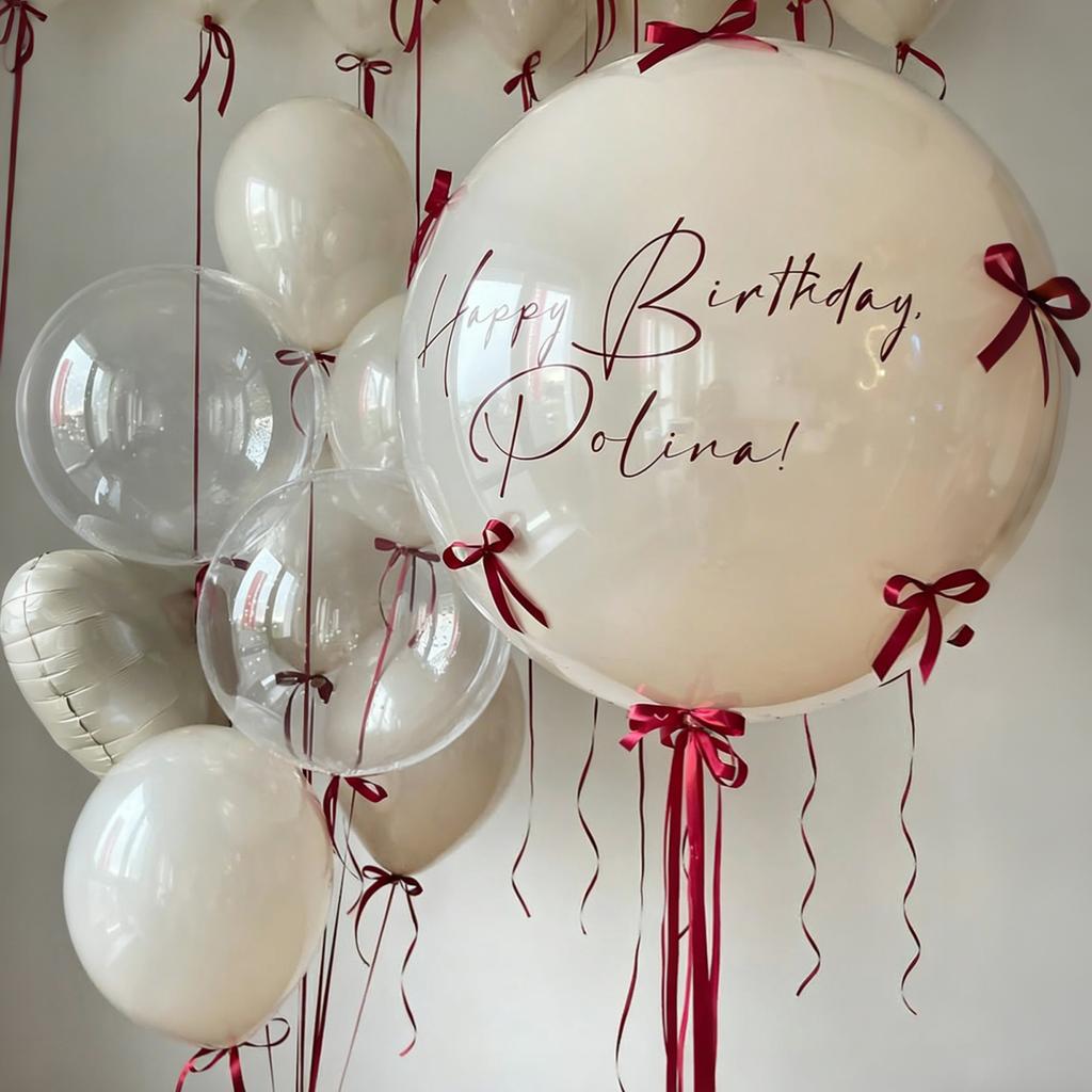 Sand white bobo balloon set with red ribbon bow decoration for birthday, wedding, shower, proposal, anniversary decoration