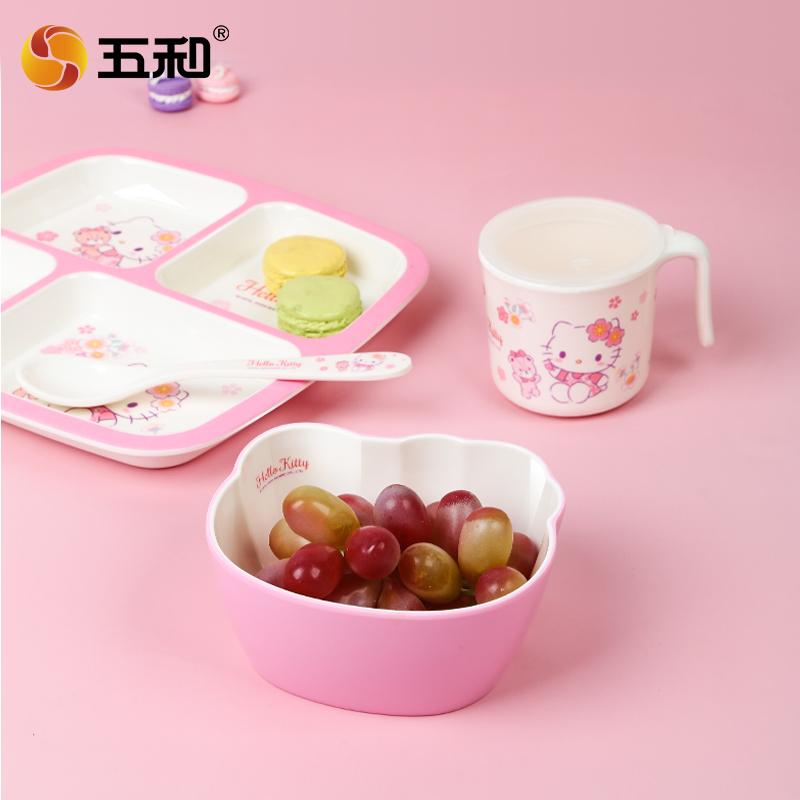 For Hello KittyTableware Cute Cherry Blossom Children Cartoon Tableware Rice Salad Bowl Water Cup Spoon Anti-scalding Plate