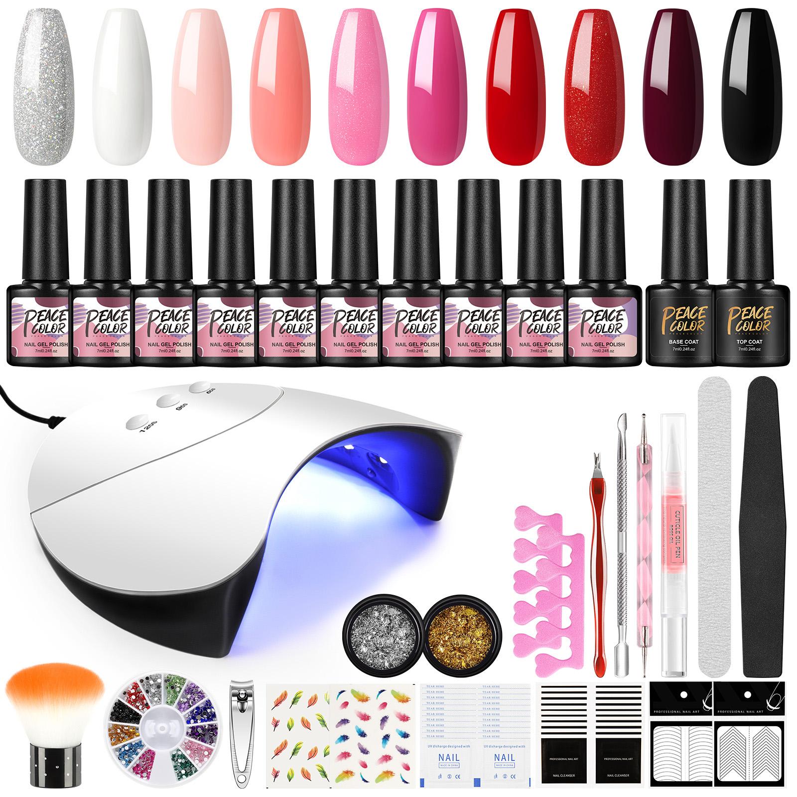 

PEACECOLOR 10 шт. 7 мл Гель-лак для ногтей УФ-светодиодный гель 36 Вт Лампа для ногтей Набор гель-лаков для ногтей и без протирания Базовое верхнее покрытие Маникюрный набор Наборы инструментов для ногтей