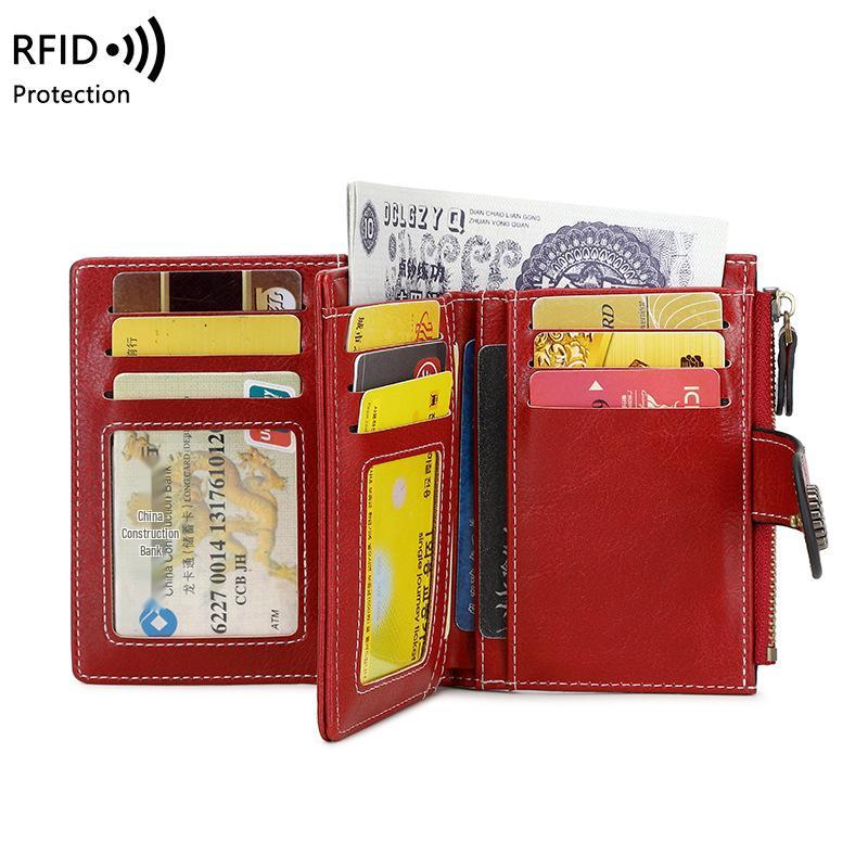 2023 RFID Women's Oil Wax Leather Wallet: Short Card Holder with Coin Purse and Fashion Buckle Zipper.