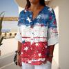Women's Fashion Casual Button V-Neck Cotton And Linen Independence Day Printed Seven Sleeve T-Shirt Top