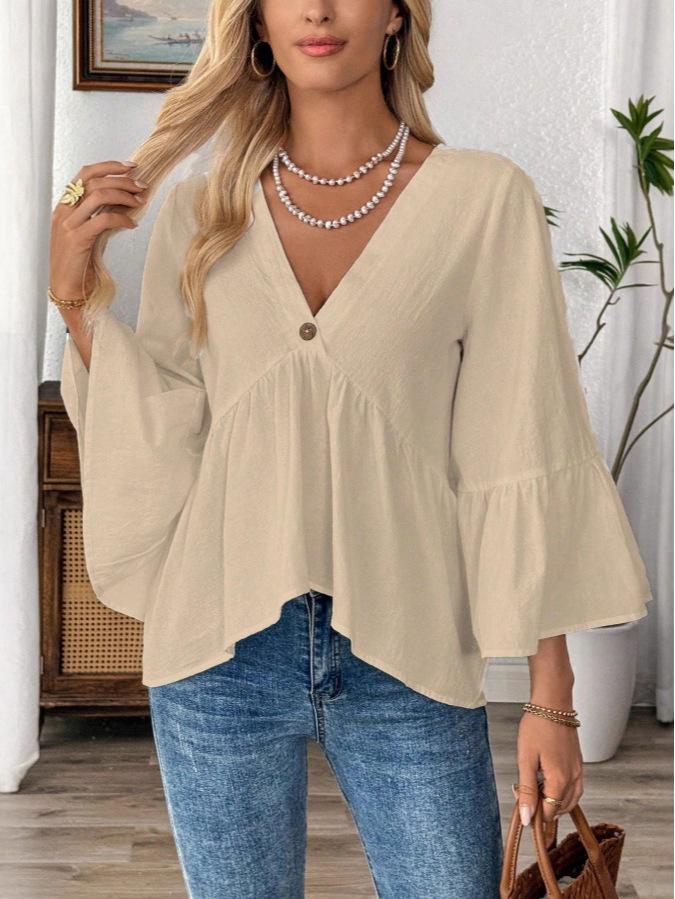 2026 European Women's Retro V-neck Ruffle Sleeve Spring/Summer Top