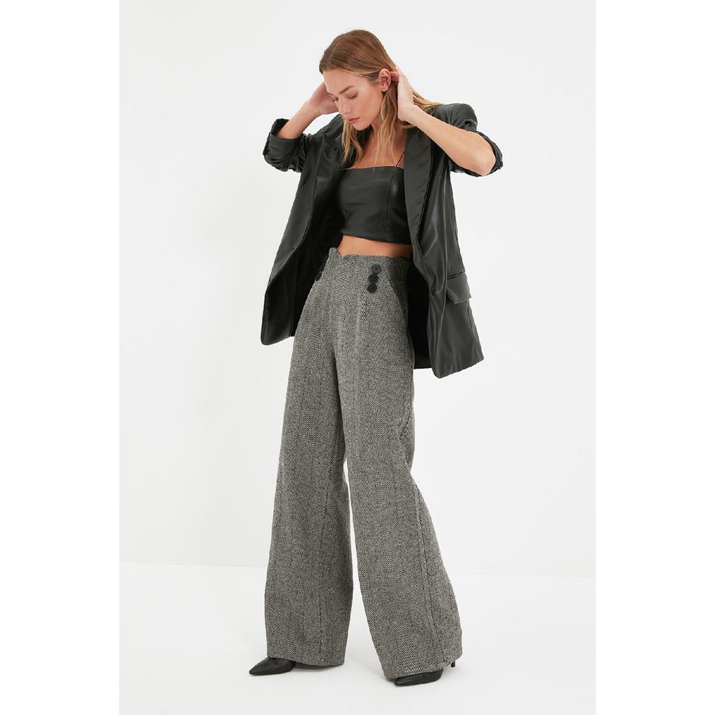 Szare, szczegółowe, tkane spodnie z szerokimi nogawkami i guzikami Twoaw21pl0492