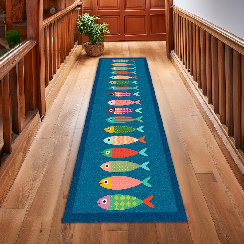 Colorful Fish Runner Rug Playful Cartoon Fish Long Carpet Ocean Theme Non-Slip Floormat Fun Home Decor for Hallway Living Room