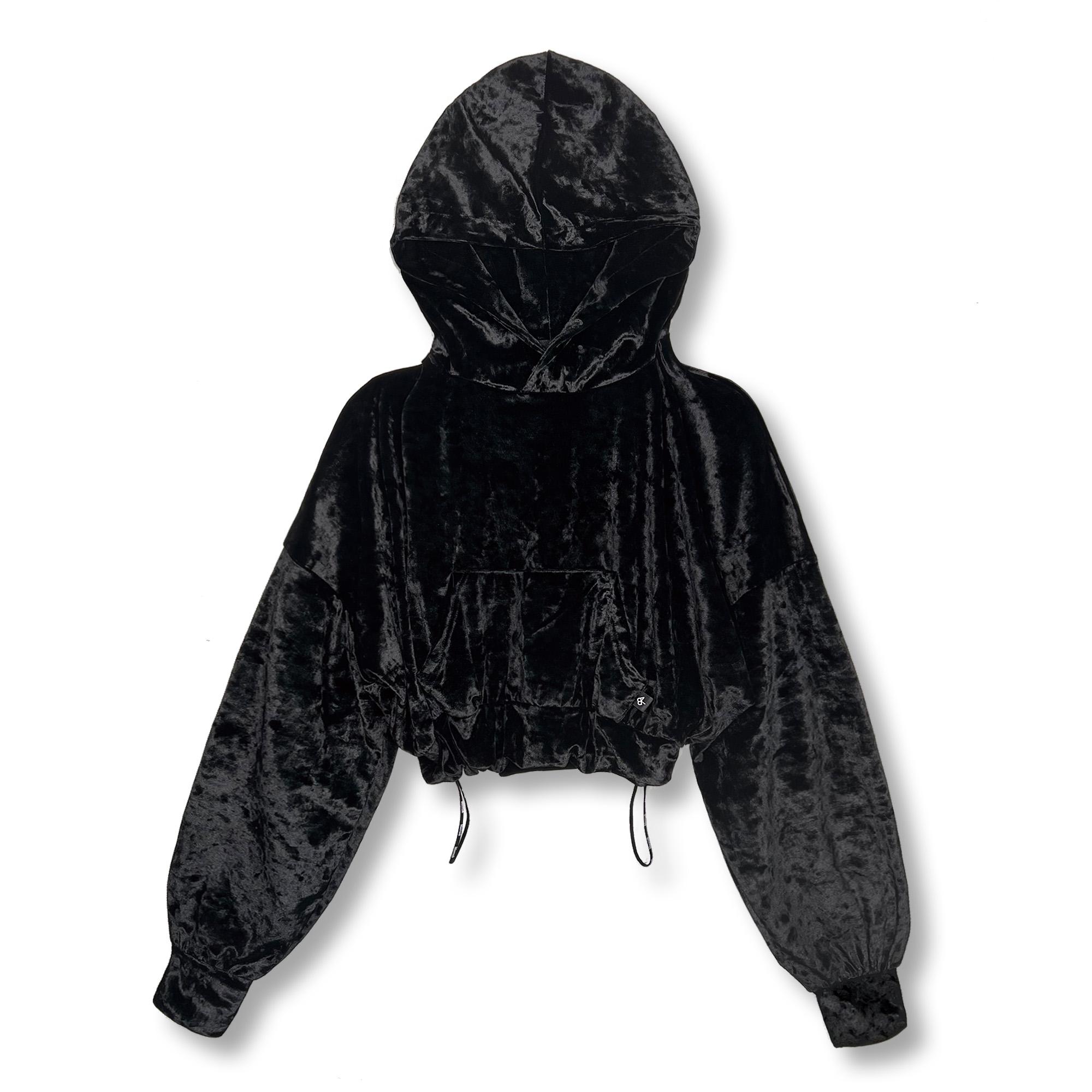 Black Crush Velvet String Crop Hoodie