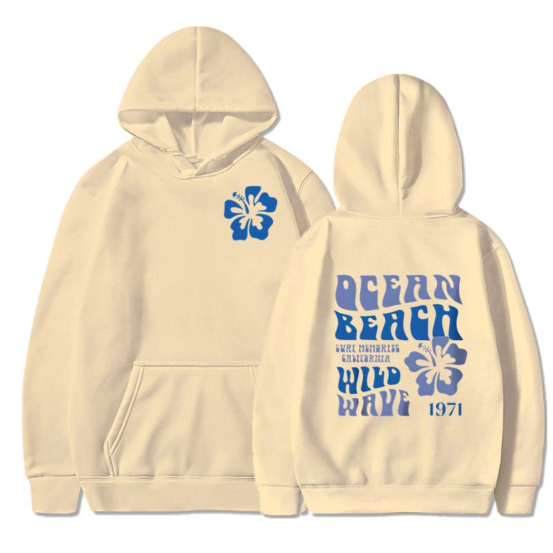 Ocean Beach Wild Wave Print Hoodie Women Vintage Sleeve Floral Letter Hooded Fashion Aesthetics Chasing Sunsets Sweatshirt