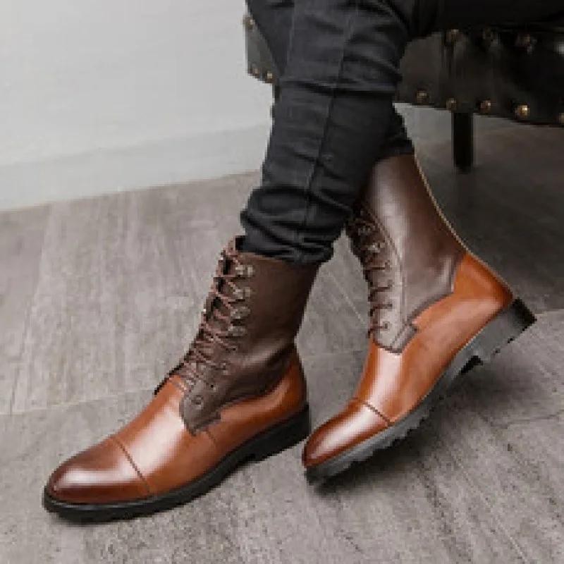 Fashion Mens Chelsea Boots Casual Pointed Toe Man Shoe Vintage Leather Footwear Men High Top Boots Lace-up Motorcycle Shoes