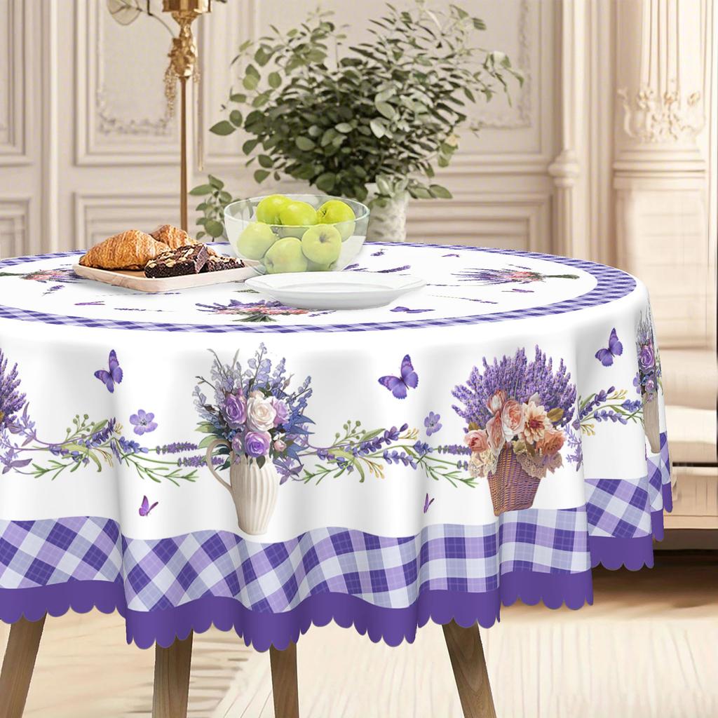 1 Lavender Tablecloth, Purple Lavender, Butterfly And Buffalo Checked Design, Durable Polyester Tablecloth