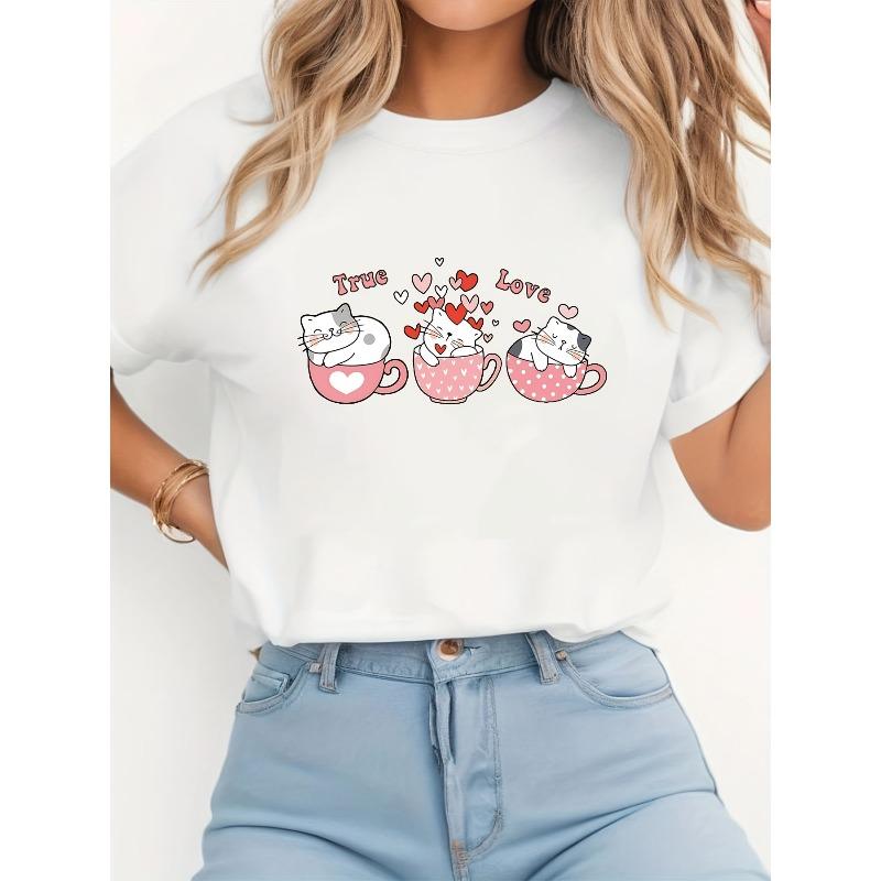 

Women s Plus Size True Love Cats Valentine T-Shirt Cute Kitten Heart Print Short Sleeve Round Neck Top, White Casual Pet Lover Gift for Anniversary, S белый