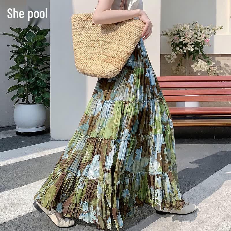 Women s Retro Oil Painting Print A-Line Long Skirt One Size