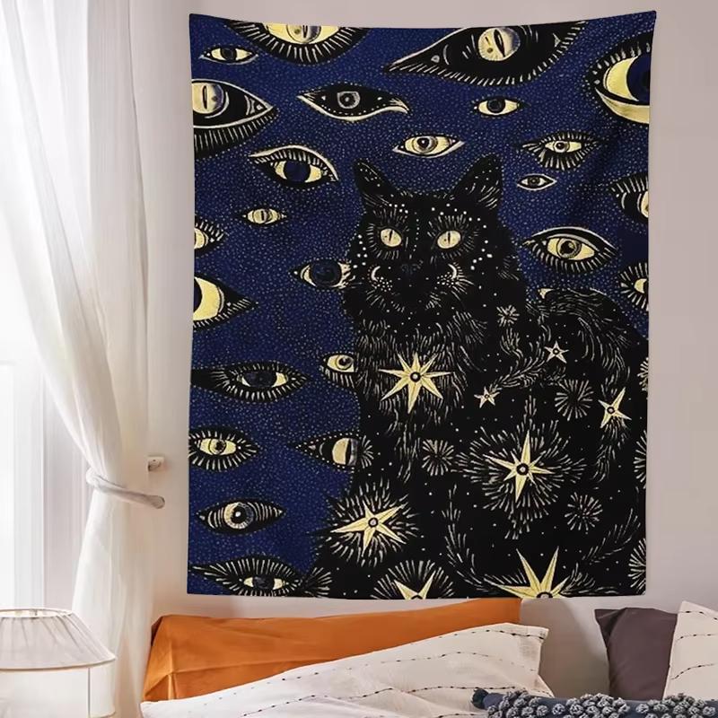 VIKAMA Mysterious Black Cat Art Tapestry Red Background Starry Sky Pattern Gothic Fantasy Wall Decoration Room Decoration