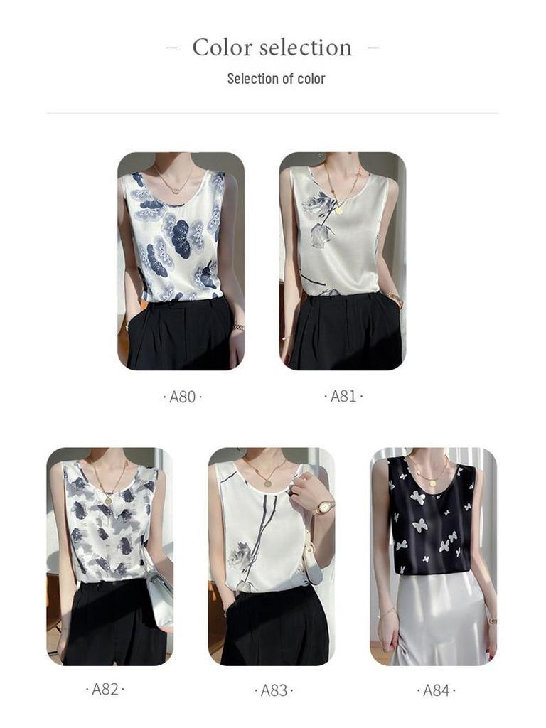Women's 24-Year Printed Silk Camisole - Round Neck and V-Neck Satin Mulberry Silk Top for Summer Suit Layering