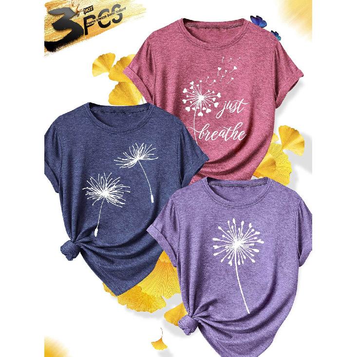 3Elegant plus-size short-sleeved outfit for sisters to attend parties T Shirt Just Breathe Dandelion print plus-size women s casual sportswear for 1XL