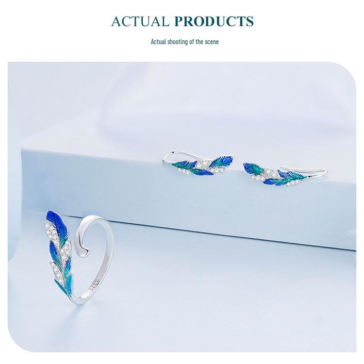 Yin Ziyun Schillerndes Blaues Feder-Ohrring- & Ring-Set: Exotischer ethnischer Stil, S925 Sterlingsilber.