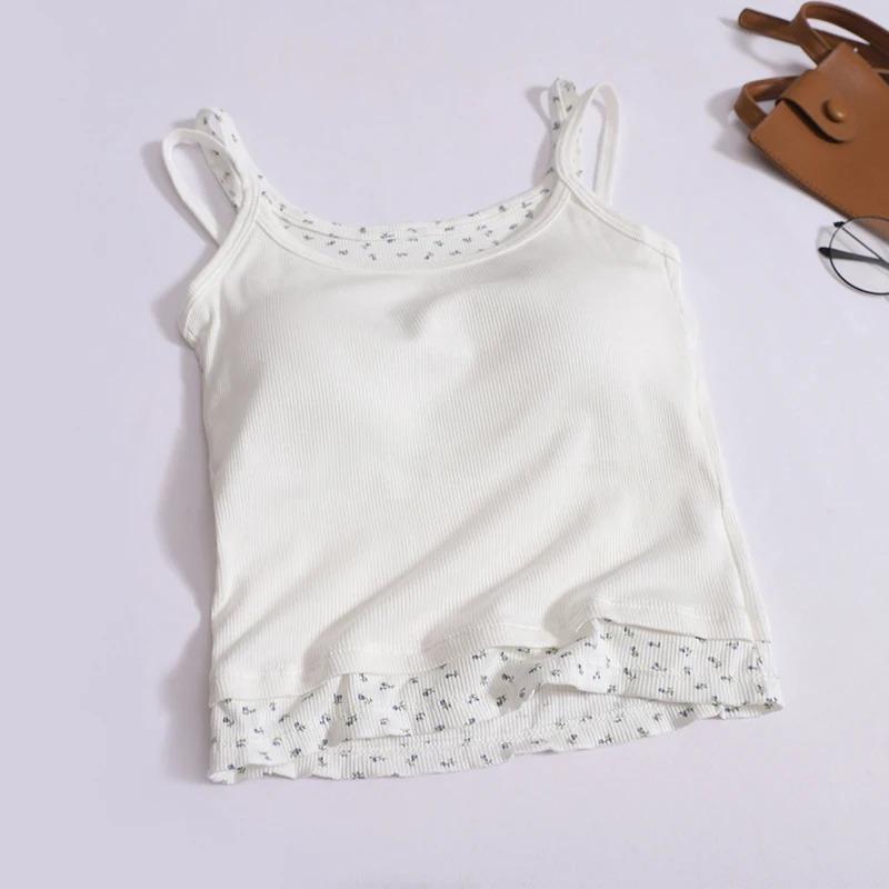 

Женские милые лоскутные майки с цветочным принтом и чашечками бюстгальтера, сексуальный топ с открытыми плечами на тонких бретельках, летняя майка-камисоль для ношения на улице One Size