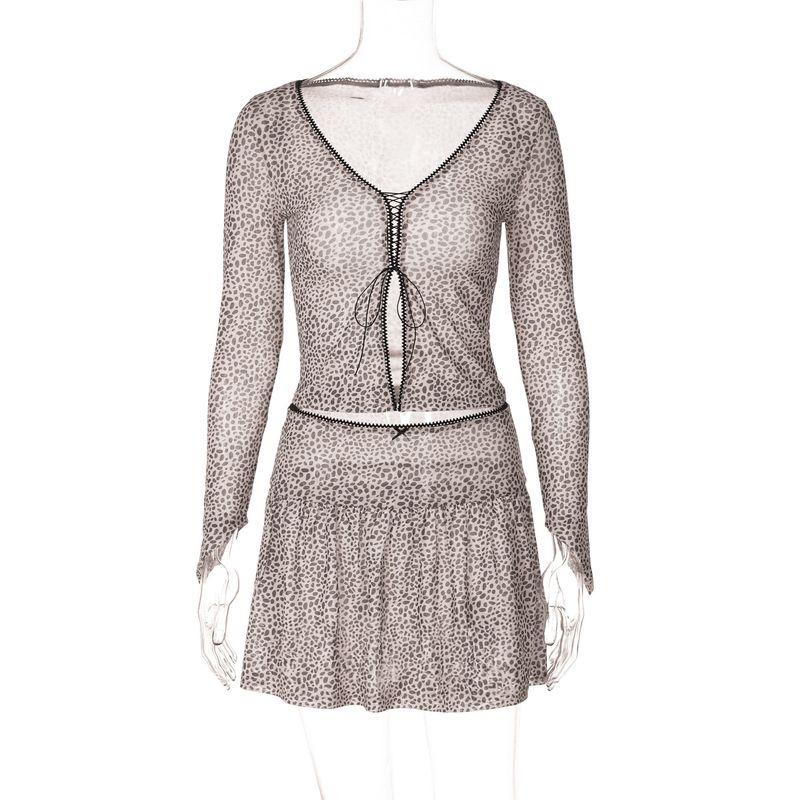 

Европейский и американский набор гяру с длинным рукавом Сексуальный леопардовый принт Полый топ на шнуровке Сексуальный леопардовый костюм Apricot color S