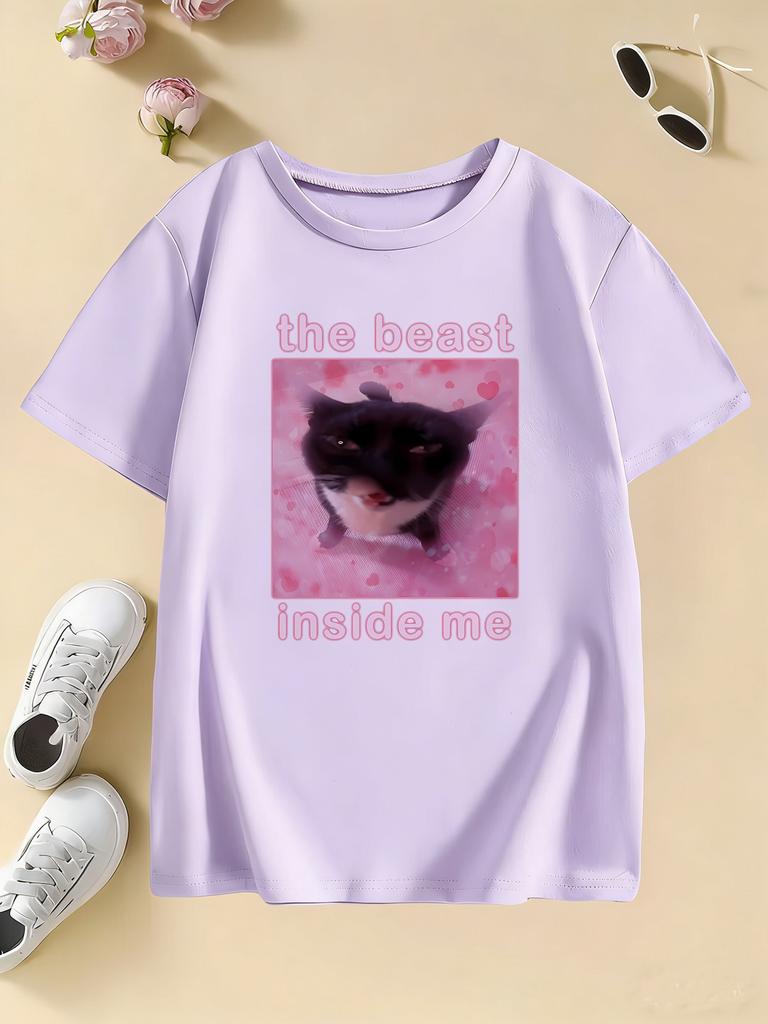 The Beast Inside Me Cat Meme Print T Shirts Cartoon Kids Children's T-shirt Boys Girls Summer Spring Casual Top Tee