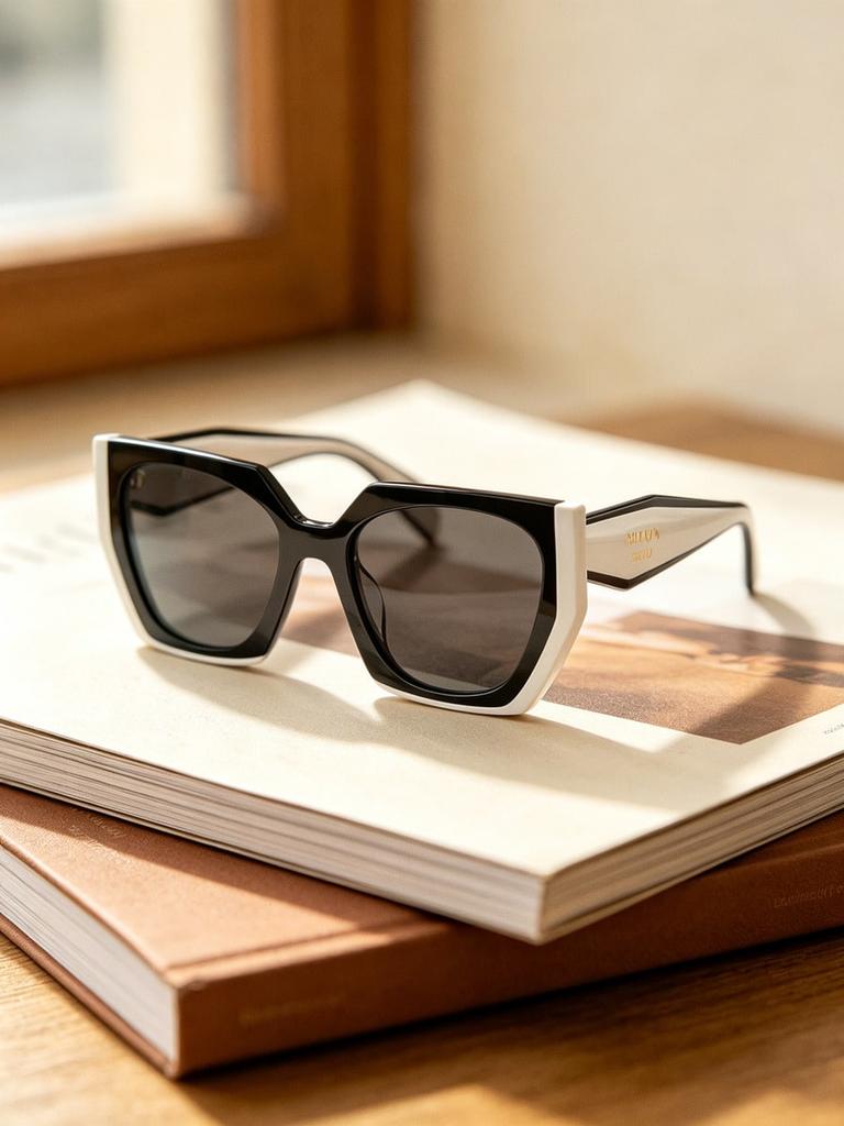 PRADA Women Two-Tone Black White Cat Eye Sunglasses Retro Geometric Thick Acetate Frame UV Protection Anti Glare Fashion Street Driving Shades