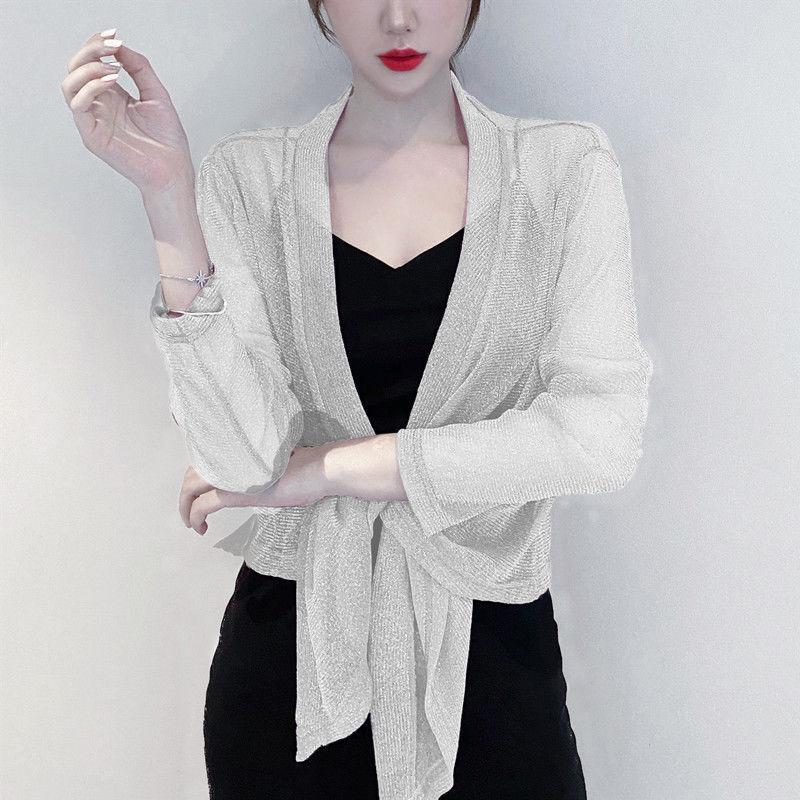 1 PC langärmliges Nylon-Spitzenrohr, lockerer dünner Schal außerhalb des Damen-Sonnenschutzhemds, Sommer-Kurzjackenoberteile, perlmuttfarbene Eisseiden-Cardigan-Spitzenmäntel