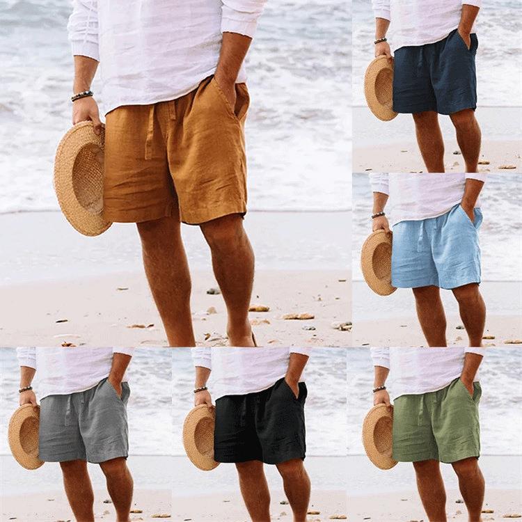Men's Summer Cotton-Linen Shorts Drawstring Elastic Waistband Straight Leg Solid Color Breathable Casual Beach Shorts Mid-Length