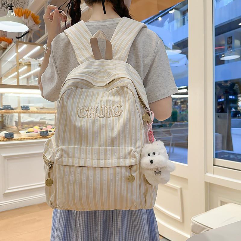 Spacious And Light Striped Nylon Backpack With Padded Straps For Girls School