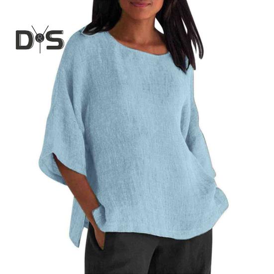 Women Shirt 3/4 Sleeve Casual Crew Neck Solid Color Pullover Tops Loose Fit Vacation Blouse Daily Wear