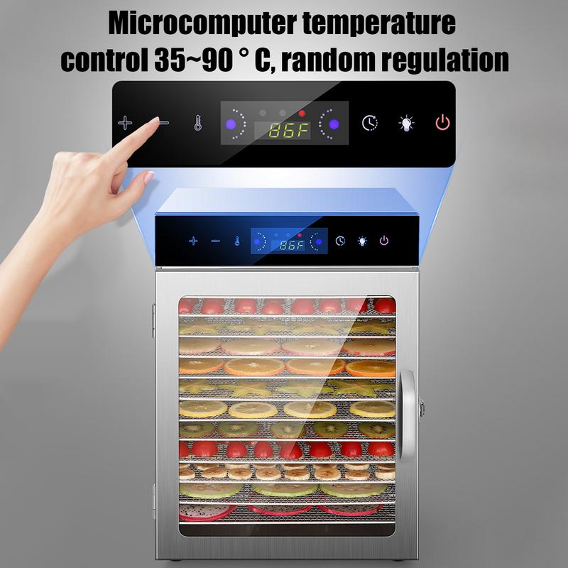 Food Dehydrator Stainless Steel Large Capacity 12-Tray Jerky Dryer Energy Saving Temperature Control Electric Food Preserver