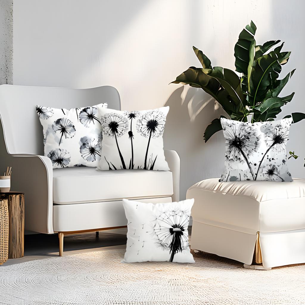 Federa per Cuscino Dente di Leone Bianco Nero Stampata Poliestere 45x45cm Copricuscino Decorativo per Divano Federa per Cuscino Decorazione per la Casa