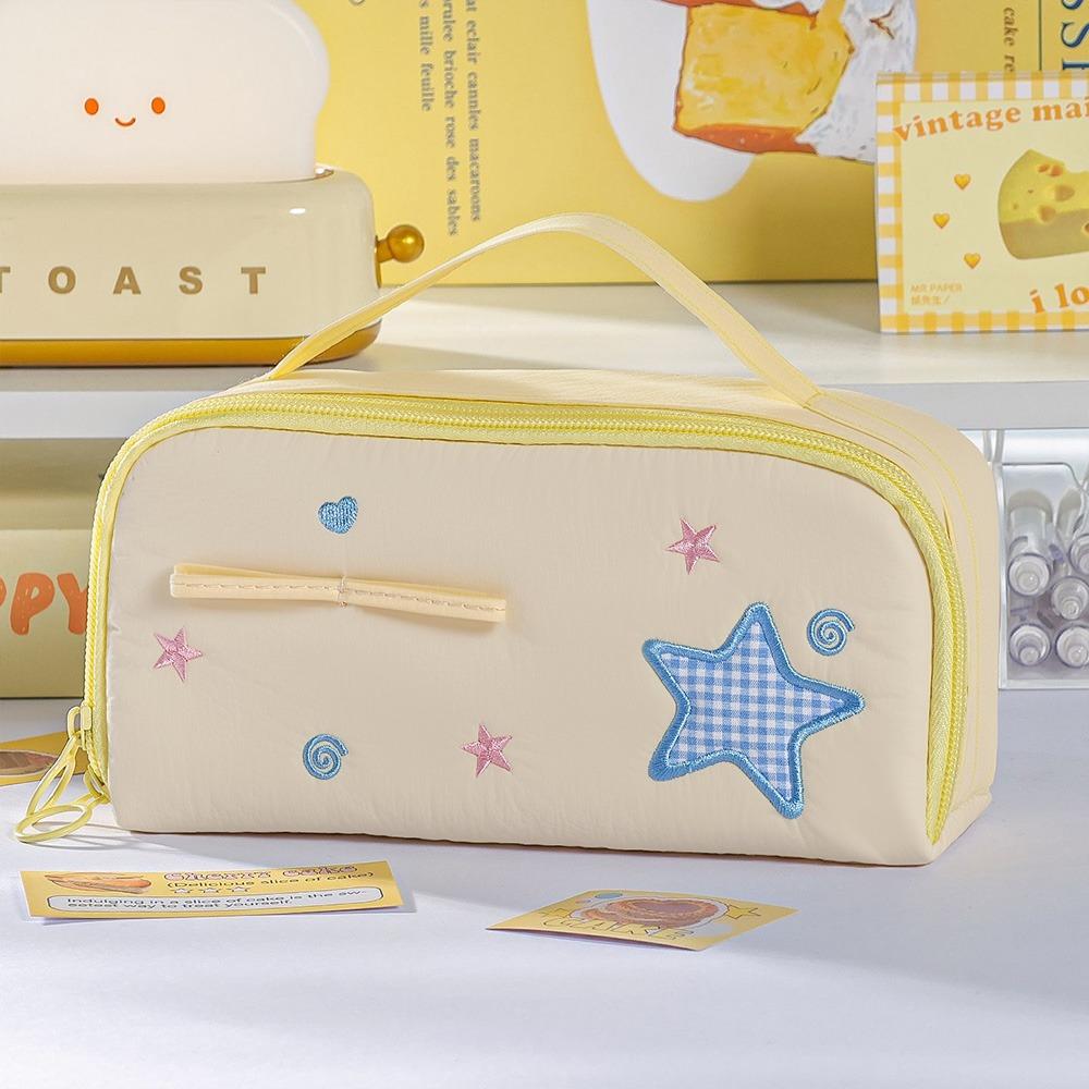 

With Handle Pencil Case Star Design Large Capacity Stationery Bag Multi-layer Stationery Organizer School Supplies бежевий