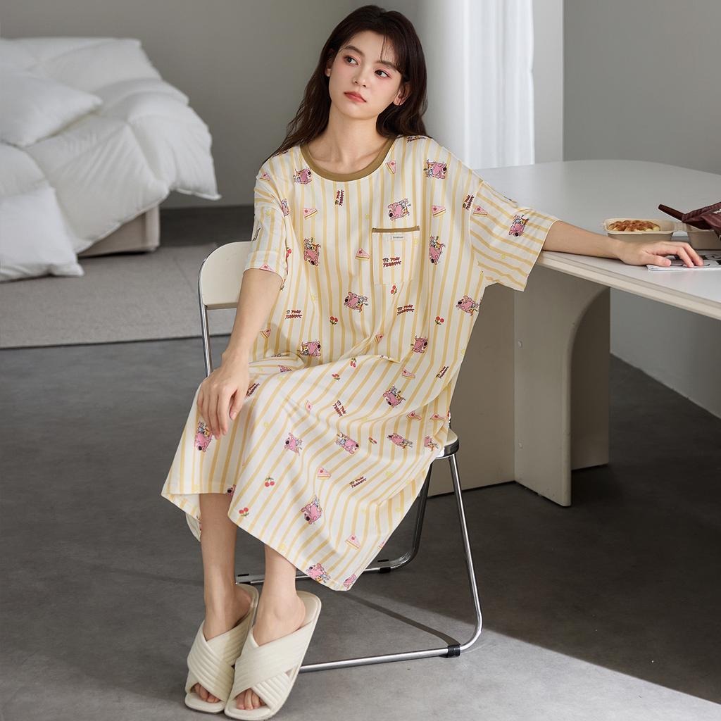 One-piece Nightdress with Chest Pad, Women's Summer Thin Cotton Short-sleeved Long Skirt, Pajamas, Summer Large-size Casual Loungewear