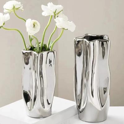1Pc Ceramic Interior Art Decoration Vase Luxury Electroplated Silver Creative Flower Arrangement Hydroponic Irregular Porcelain