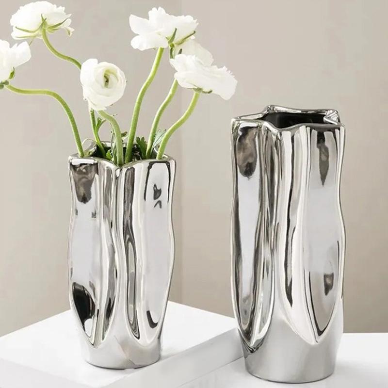 1ks Keramická interiérová umělecká dekorace Váza Luxusní galvanizovaná stříbrná Kreativní aranžování květin Hydroponická Nepravidelný porcelán