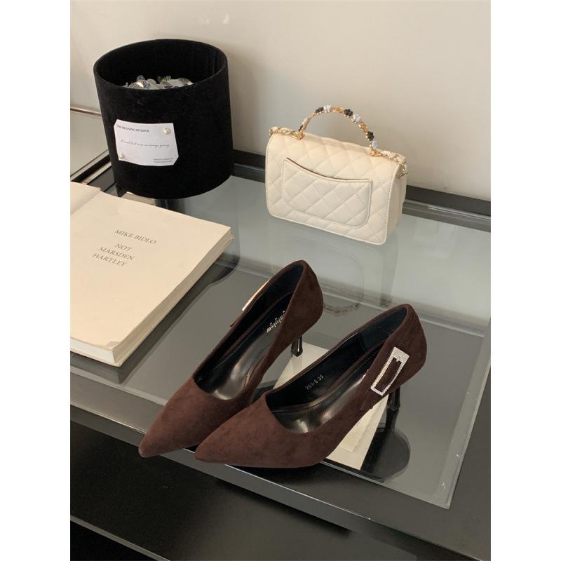 2025 spring and autumn new fashion versatile pointed heel high heels women's suede single shoes work shoes temperament women